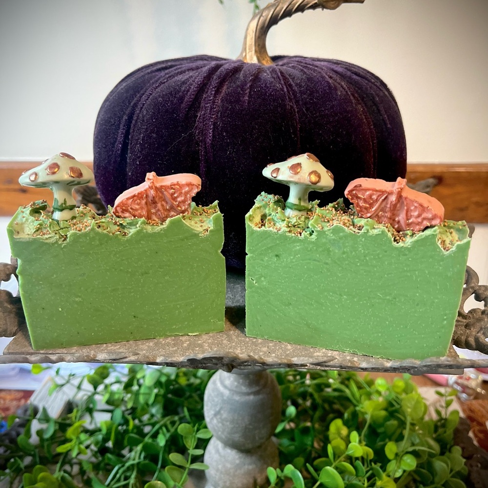 Handcrafted Green Soap with Mushroom and Moth Design